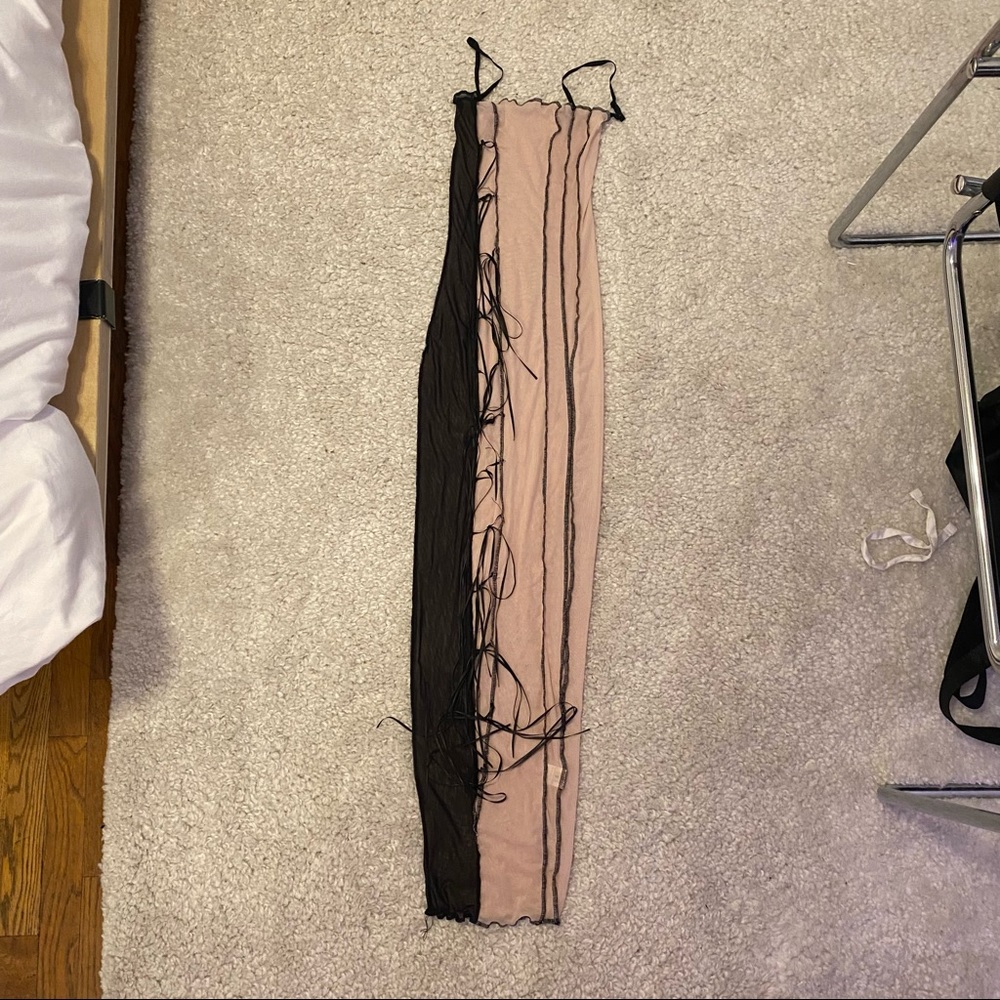 black & nude mesh see thru tie up maxi/midi dress